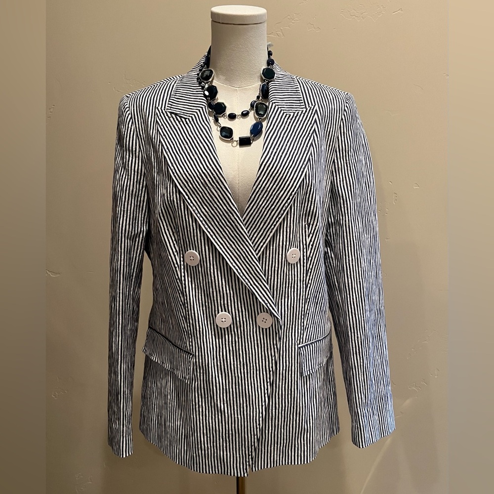 Elie Tahari Navy and White Striped Blazer